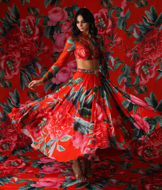 Red floral print lehenga set