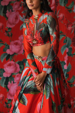 Red floral print lehenga set