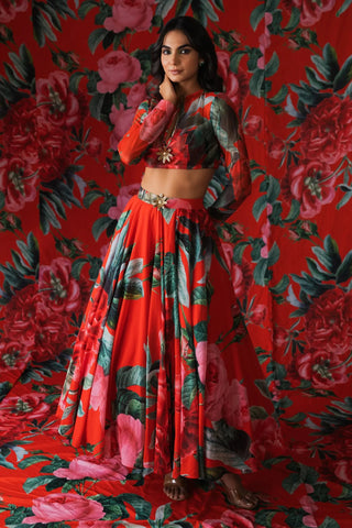 Red floral print lehenga set