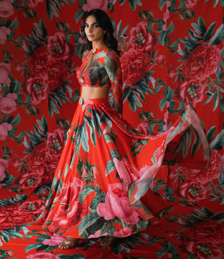 Red floral print lehenga set