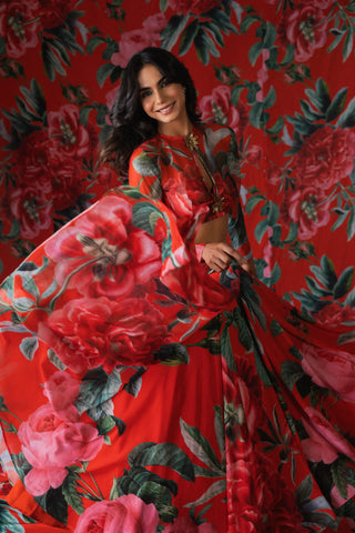 Red floral print lehenga set