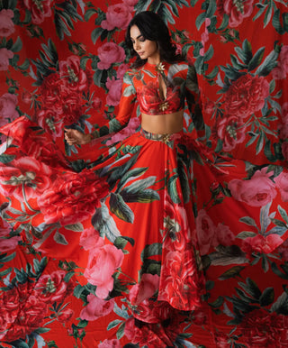 Red floral print lehenga set