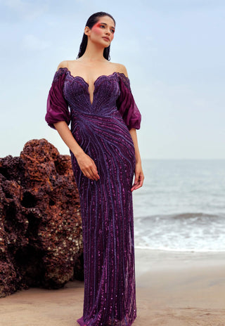 Purple mermaid embroidered gown