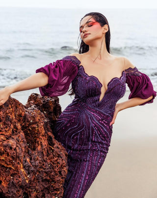 Purple mermaid embroidered gown