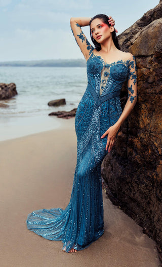 Cobalt blue flower sleeved gown