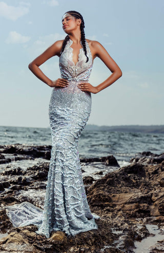 Sea foam halter embroidered gown