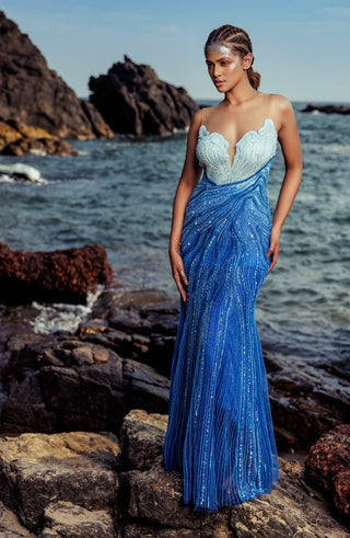 Sea horizon embroidered gown and overskirt