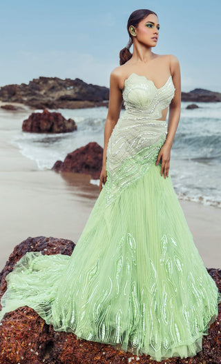 Green mermaid embroidered gown