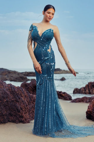 Cobalt blue fin embroidered gown