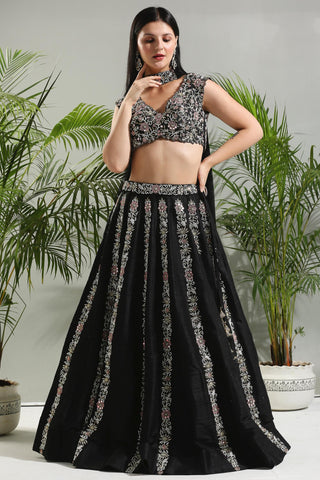 Black thread and mirror hand embroidered sunset bloom lehenga set