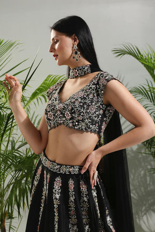 Black thread and mirror hand embroidered sunset bloom lehenga set