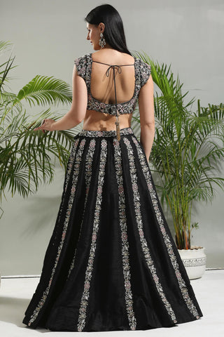 Black thread and mirror hand embroidered sunset bloom lehenga set