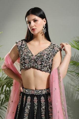 Black and pink thread and mirror hand embroidered sunset bloom lehenga set