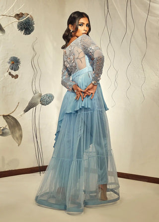 Powder blue flared kurta and cigarette pants