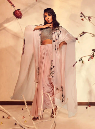 Salmon pink bodice, cape and dhoti skirt