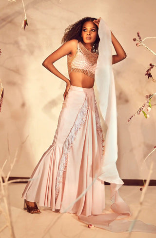 Salmon pink bralette, silk skirt and veil