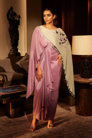 Lilac mist and mint draped dress with cape