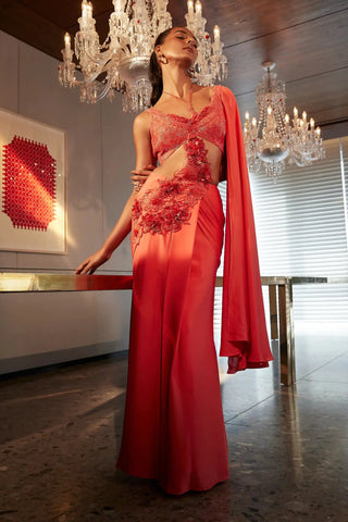 Coral sculpted drape saree and blouse