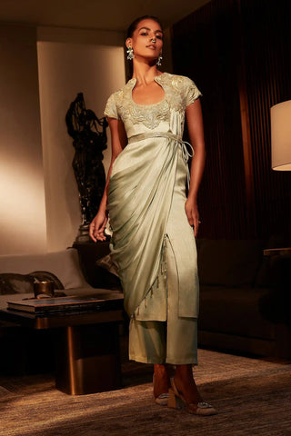 Frosted mint silk drape kurta and pant set