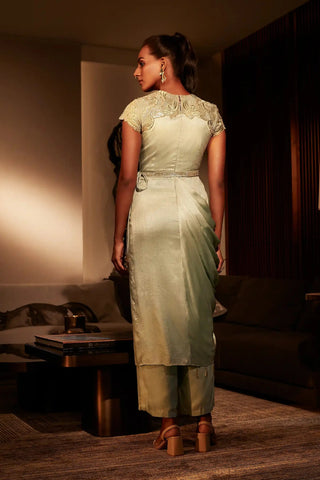 Frosted mint silk drape kurta and pant set