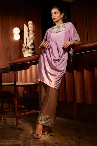 Lilac silk cowl kurta with embroidered brown pants