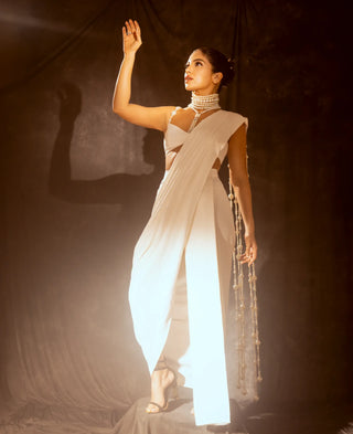 White pearl strings saree and blouse