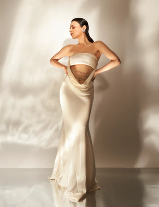 Ivory satin backless cowl gown