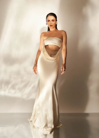 Ivory satin backless cowl gown