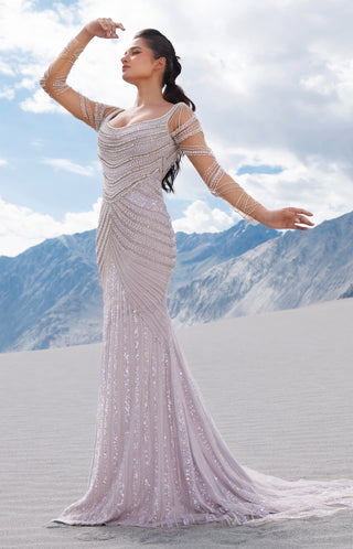 Silver lilac pearl finish gown