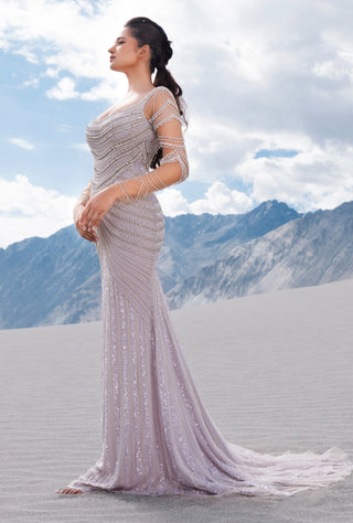 Silver lilac pearl finish gown