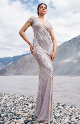 Metallic gray sheath fit gown