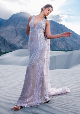 Metallic lilac embroidered wing gown