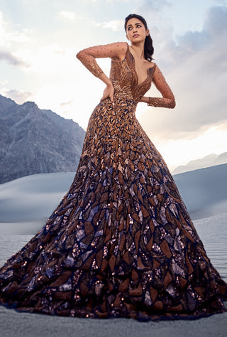 Midnight blue and copper flare gown