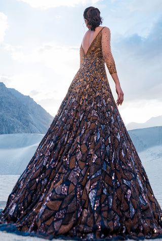 Midnight blue and copper flare gown