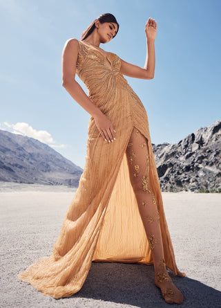 Gold embroidered slit gown