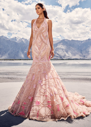 Multicolor pink mermaid flare gown