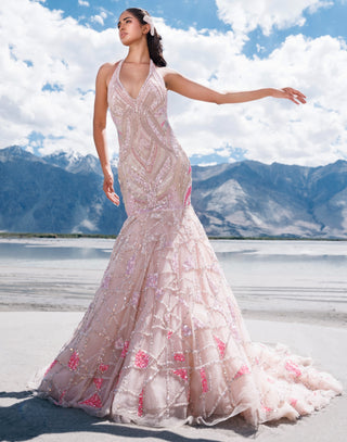 Multicolor pink mermaid flare gown