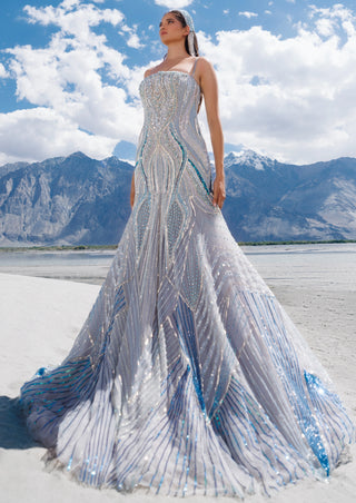 Multicolor blue mermaid flare gown