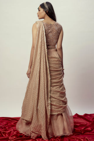 Rose gold pre-stitched saree set