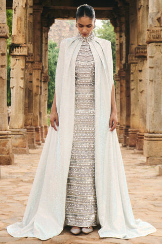 Soma cascade silver stone natak dress with white cape