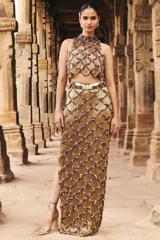 Kumu gold lattice natak crop top and skirt