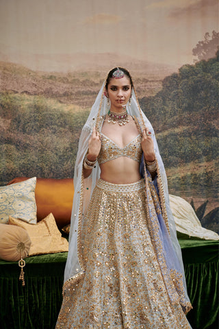 Blue khwab sitara naach lehenga and veil