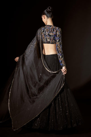 Black figurine flow titi lehenga set