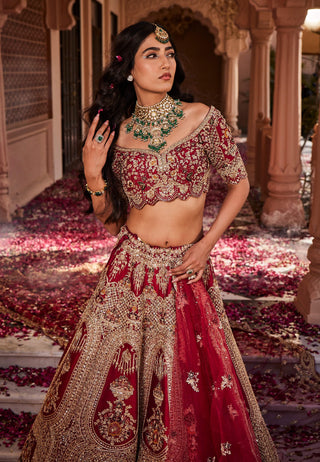 Red bride box embroidered lehenga set