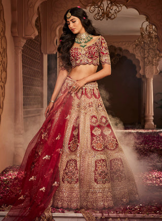 Red bride box embroidered lehenga set