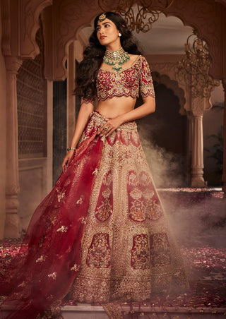 Red bride box embroidered lehenga set