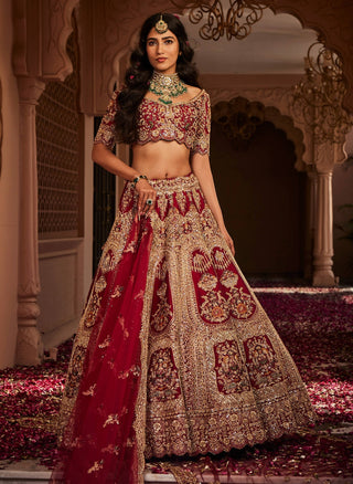 Red bride box embroidered lehenga set