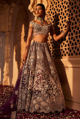 Wine raw silk embroidered lehenga set