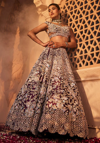 Wine raw silk embroidered lehenga set