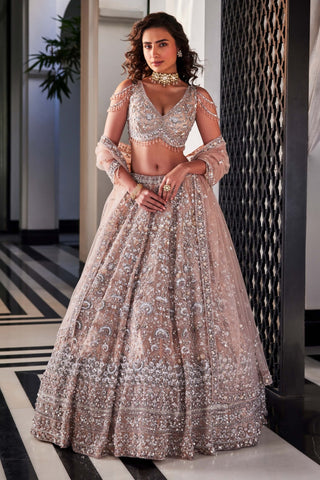 Turquiose brown embroidered lehenga set